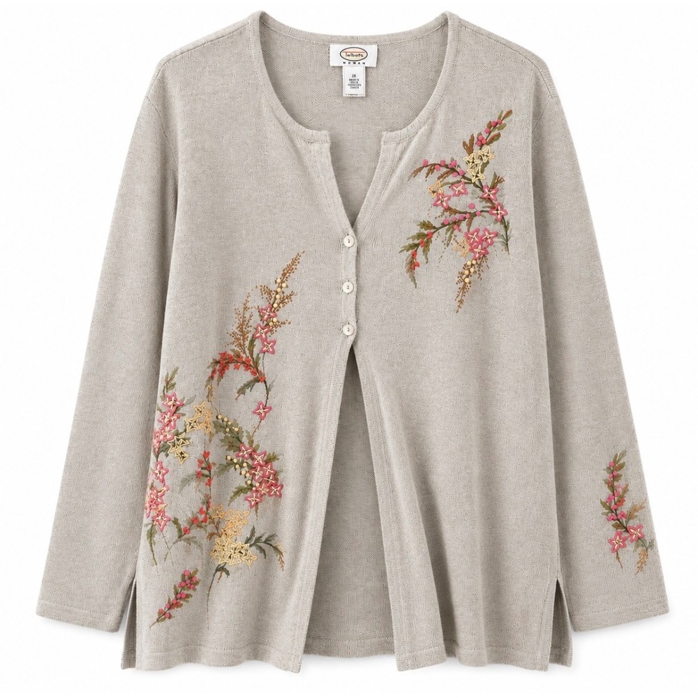 Vintage Y2K Talbots Woman 1X Embroidered Linen Cotton 3-Button Flyaway Cardigan